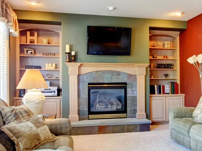 living room tv couches red walls green couches