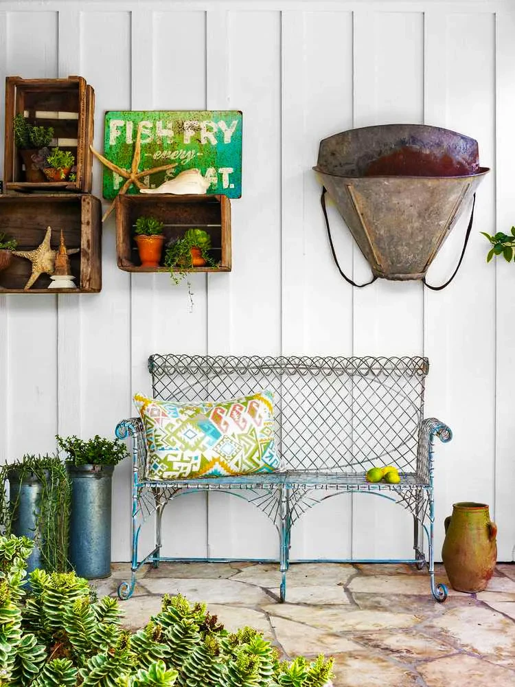 04 metal bench stone patio