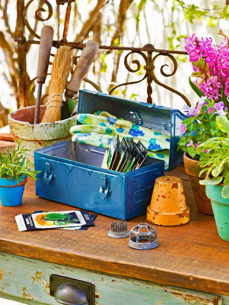 10 blue garden box wooden table