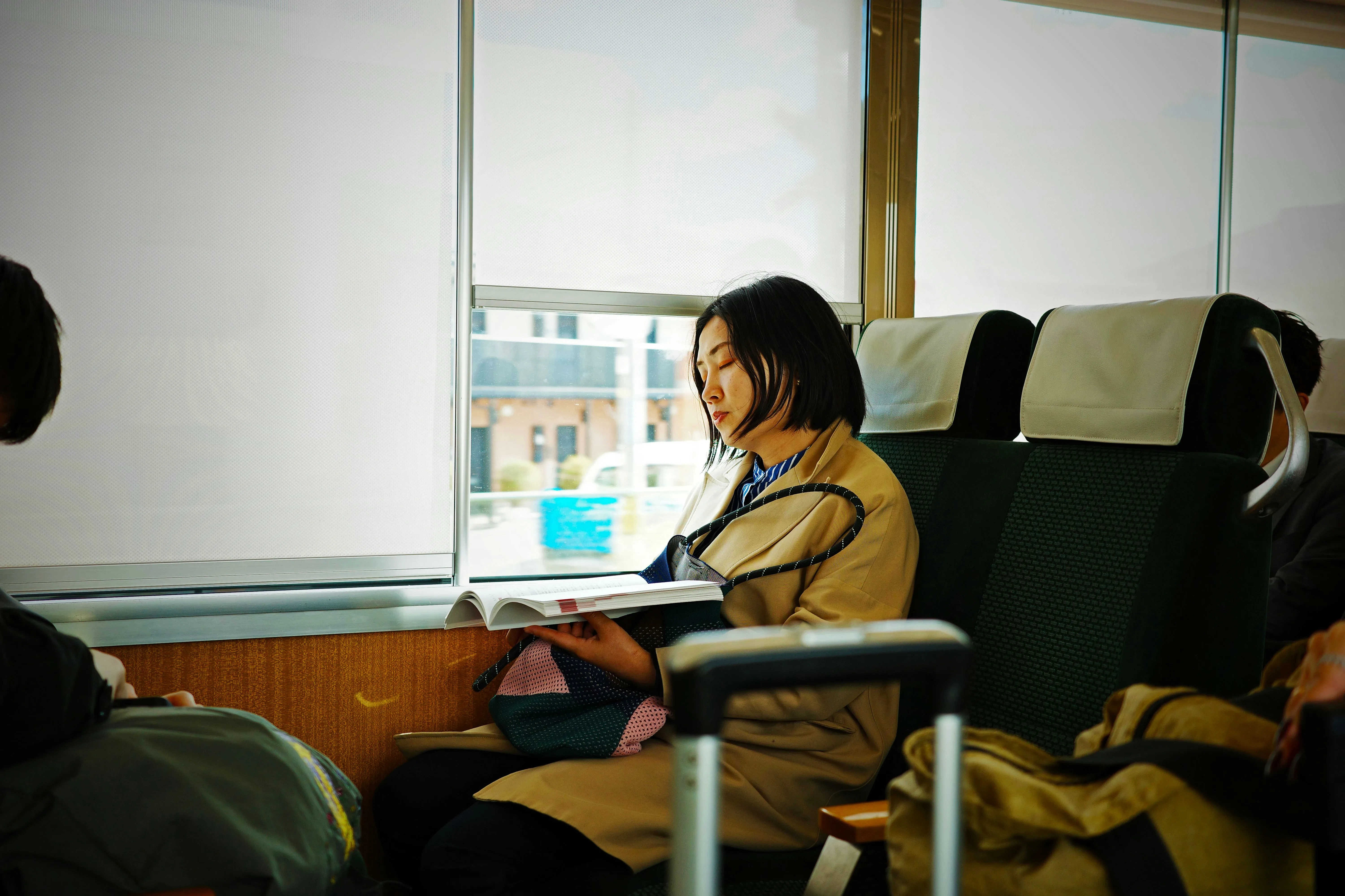 Perempuan membaca buku di dalam kereta komuter