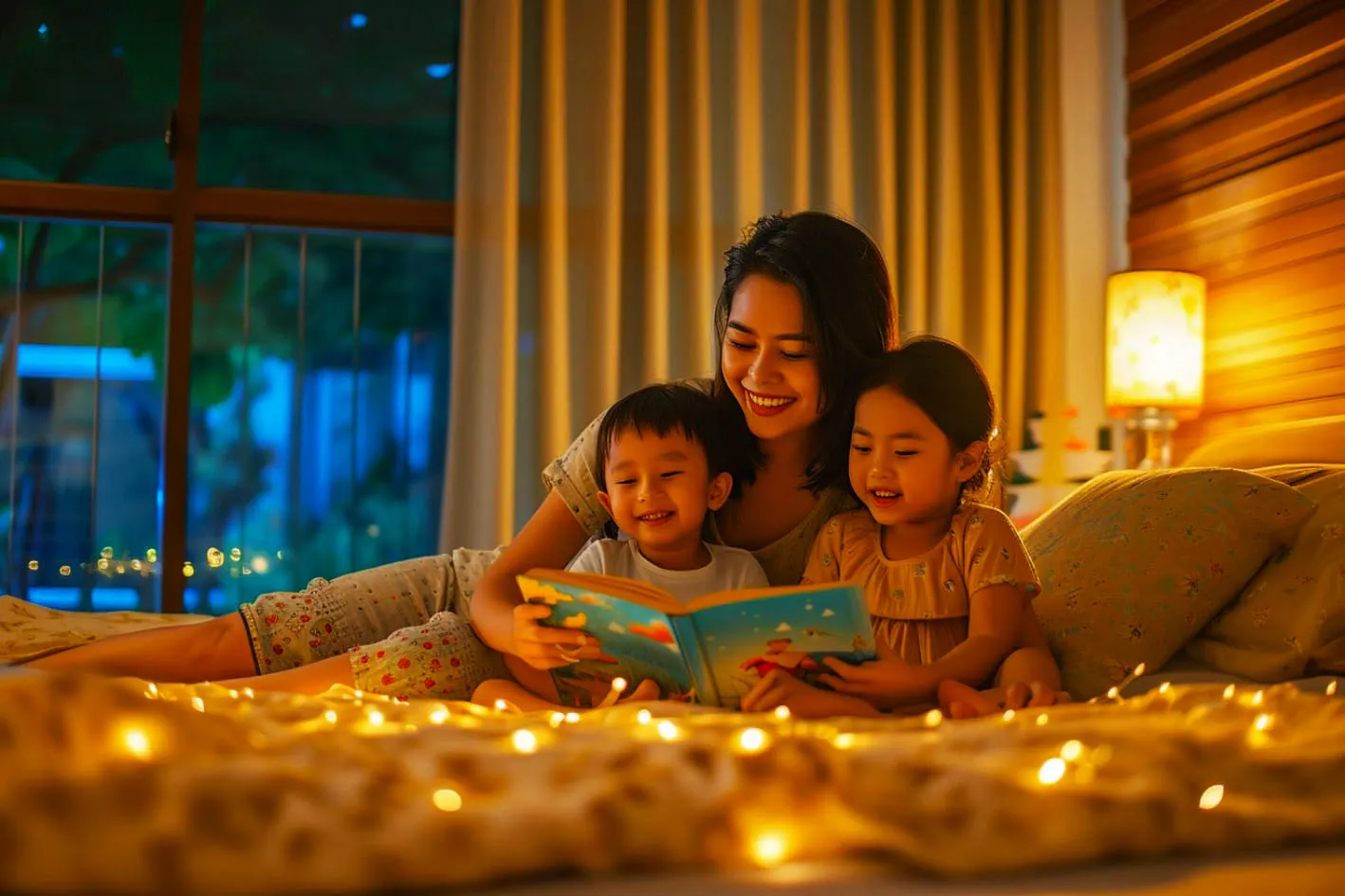 Orang tua mengobrol dengan anak sebelum tidur di kamar